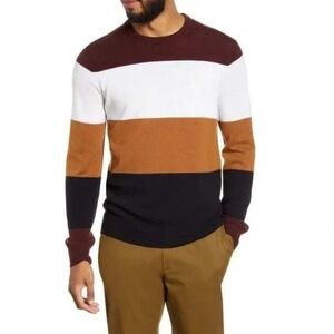 Club Monaco Mens Striped 100% Wool Sweater M Burgundy Navy Quiet Luxury Preppy